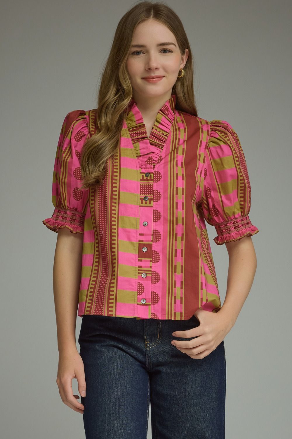 Pink & Olive Ruffle Sleeve Top