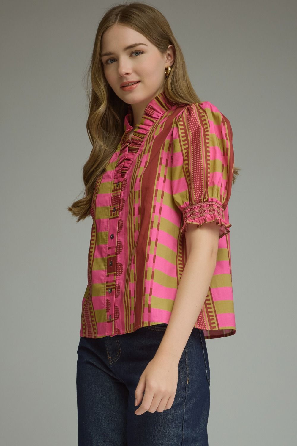 Pink & Olive Ruffle Sleeve Top