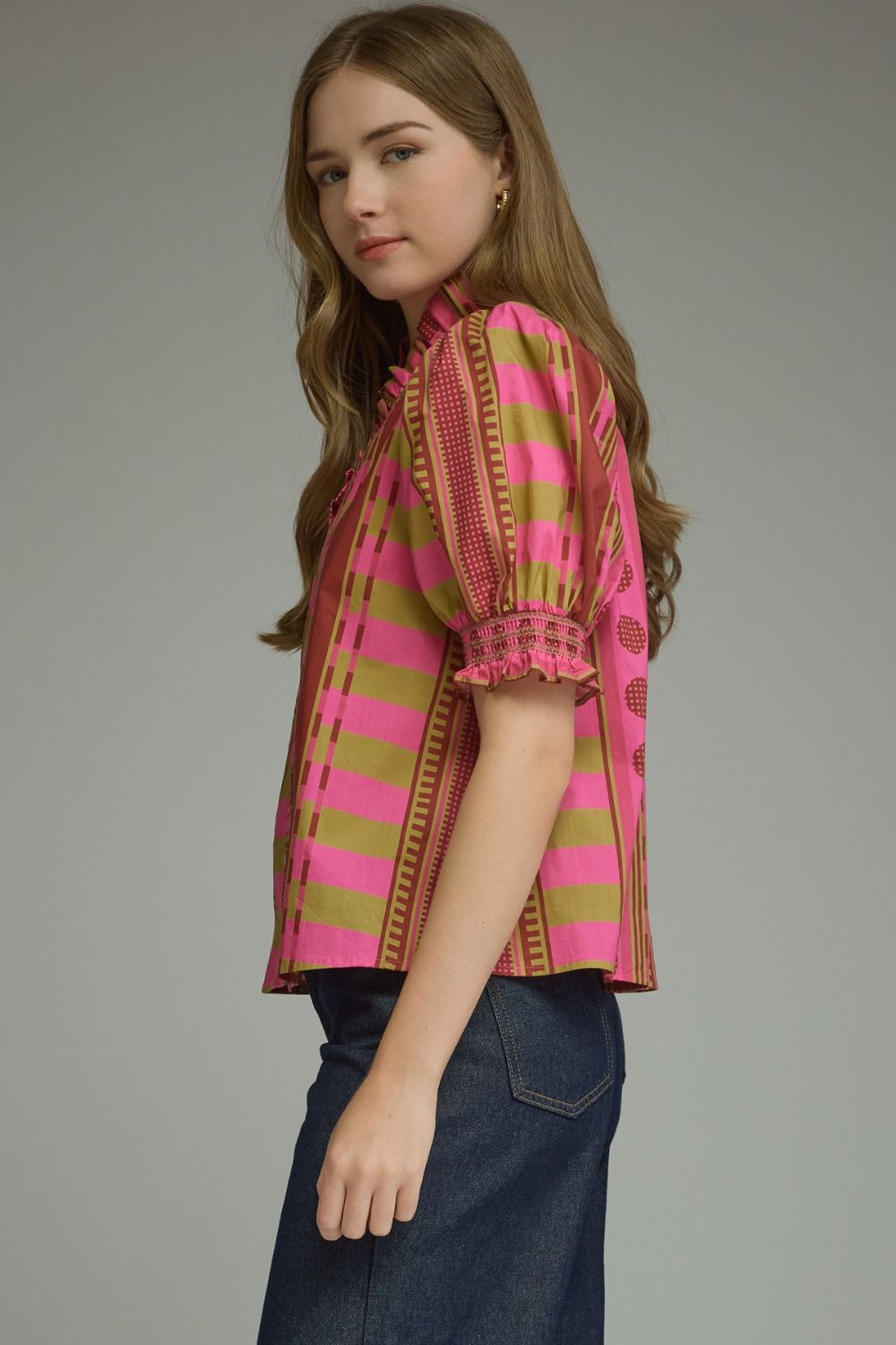 Pink & Olive Ruffle Sleeve Top
