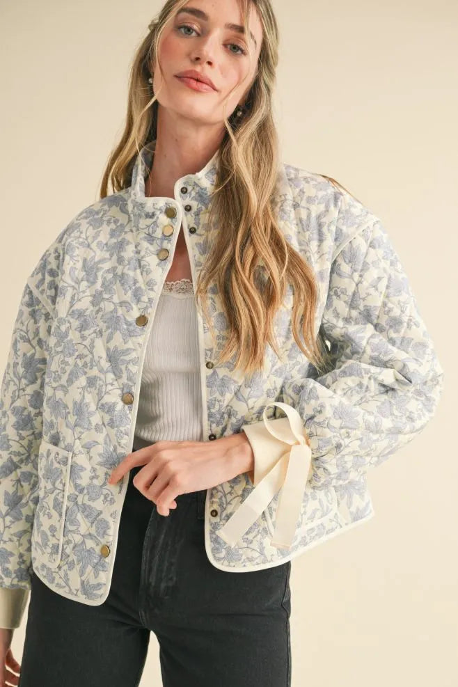 Light Blue Floral Dream Quilted Puffer Jacket