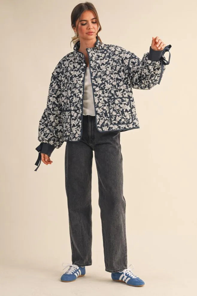 Navy Floral Dream Quilted Puffer Jacket