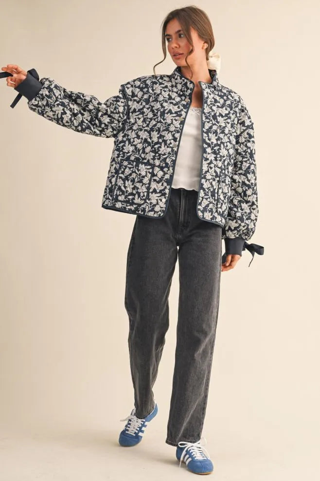 Navy Floral Dream Quilted Puffer Jacket