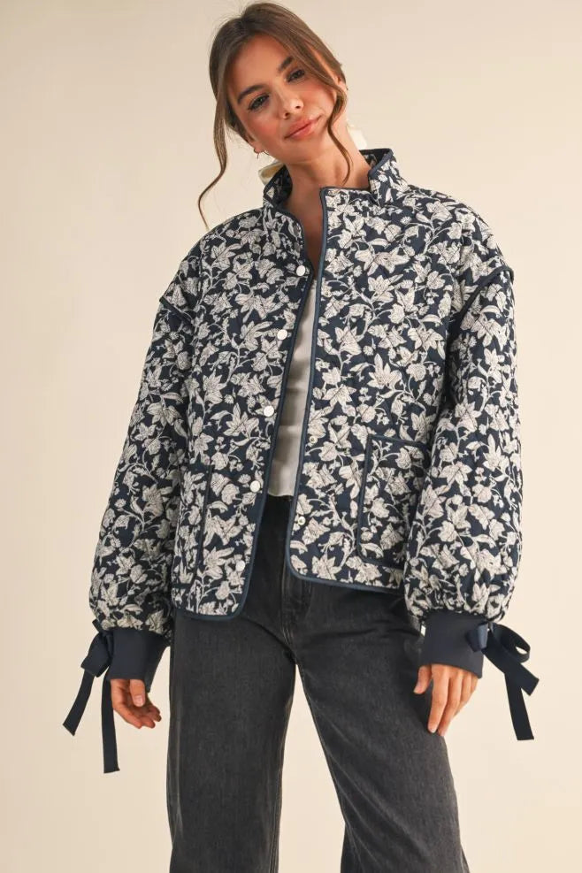 Navy Floral Dream Quilted Puffer Jacket
