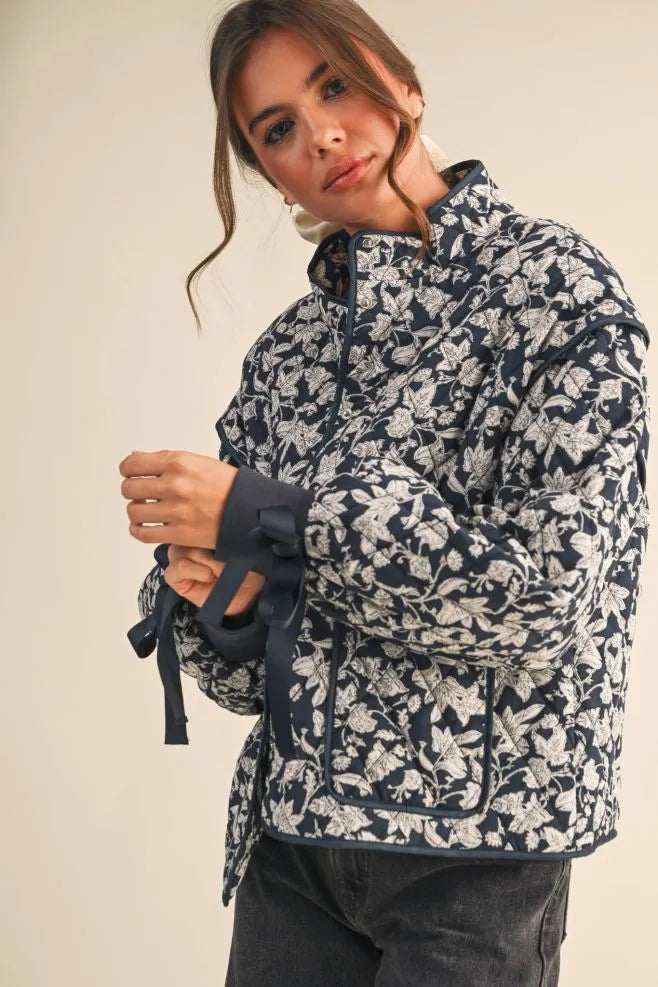 Navy Floral Dream Quilted Puffer Jacket