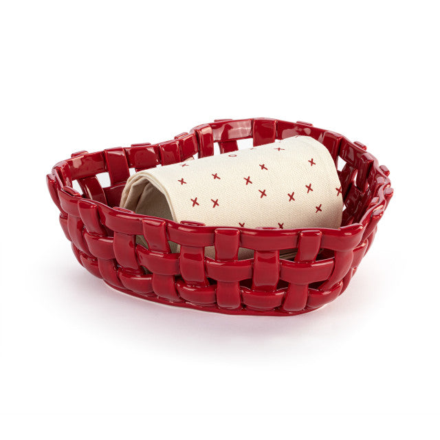 Demdaco Red Ceramic Heart Bread Basket With towel