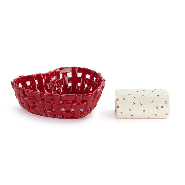 Demdaco Red Ceramic Heart Bread Basket With towel