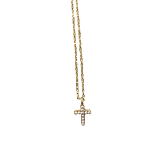 Canvas Meryl Pearl Studded Cross Pendant Necklace in Worn Gold