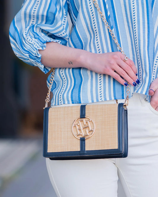 Caroline Hill Cecilia Circle Logo Handbag Natural Navy