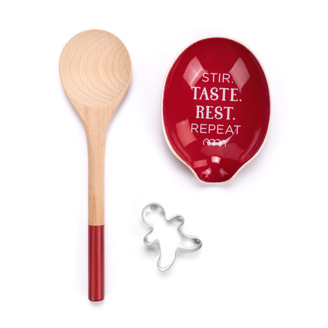 Demdaco Stir. Taste. Rest. Ceramic Spoon Rest & Wood Spoon Set