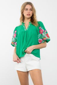 Tropical Heatwave Puff Embroidered Sleeve Top