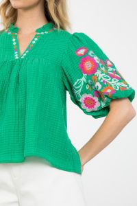 Tropical Heatwave Puff Embroidered Sleeve Top